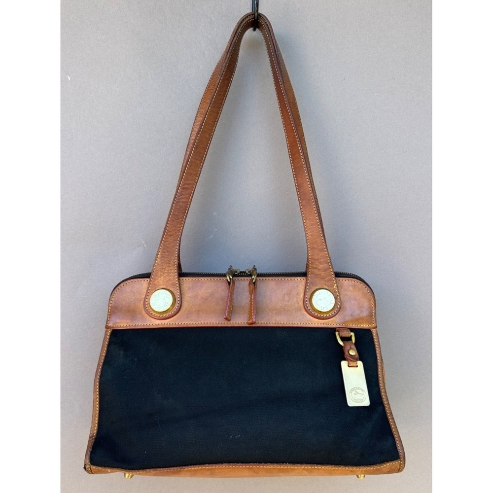 Dooney Bourke Cabriolet Satchel Black Tan Canvas Vachetta‎ Vintage 80s 90s USA